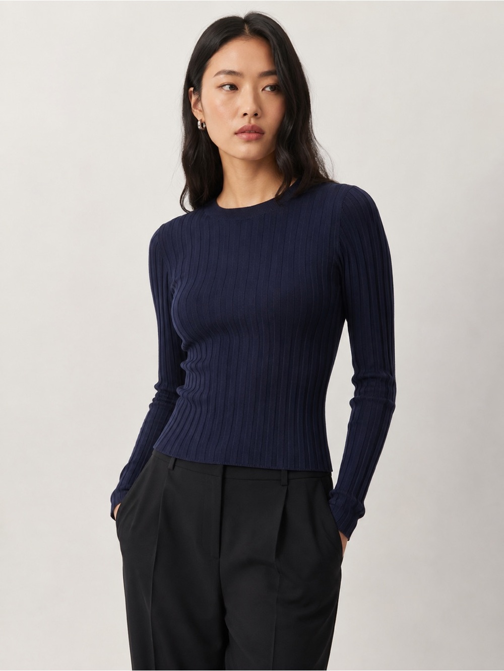 MNG Mango Navy Ribbed Long Sleeve Crewneck Sweater – Size US 8